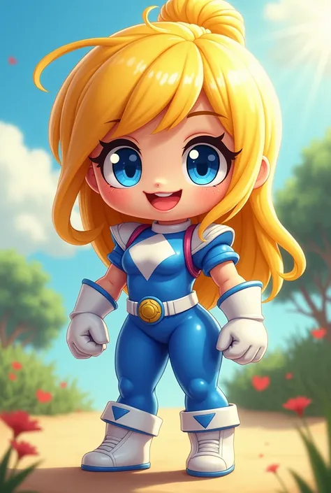 Chibi, fitnes girl, sexy, cute, tiny smile, blue eyes, sunnny day, power rangers blue white latex clothes, ombreira, yellow hair, thicc,cartoon, big breasts
