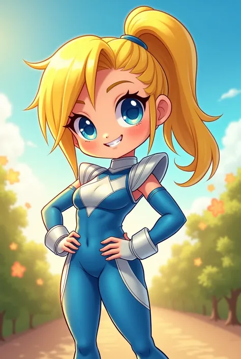 Chibi, fitnes girl, sexy, cute, tiny smile, blue eyes, sunnny day, power rangers blue white latex clothes, ombreira, yellow hair, thicc,cartoon, big breasts
