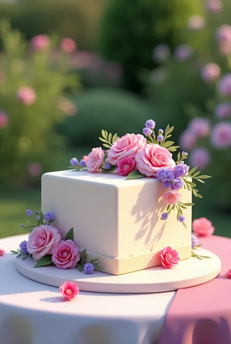 Cube Cake，Covered with June flowers, On an outdoor table.