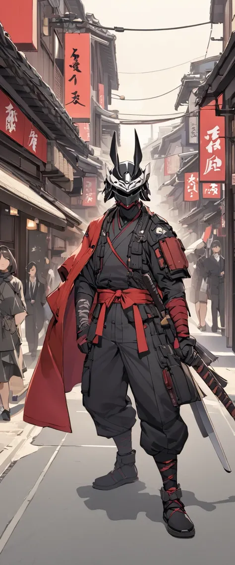 Ronin&#39;s outfit made of shiny scarlet silk。A world of thick fog,Standing in a wheat field。Bust Shot。Dark Eyes。clothes are blowing in the wind。Grin。Katana on the waist。Stylish pose。Many small lanterns are floating。Mustache。Beard。Messy long black hair。 A ...