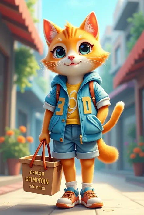 Make my facebook profile picture a girl, she wears youthful clothes, personality blue white and yellow, on the clothes there is Vietnamese writing " Consumption 369 " , her face is the face of a cute cat, she has a shopping basket