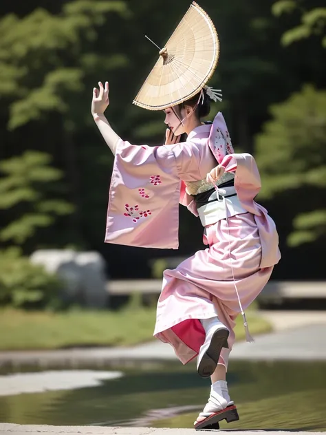 photo-realistic quality、a woman wearing a pale pink kimono and a hat is in the park, traditional japanese kimono, a professional...