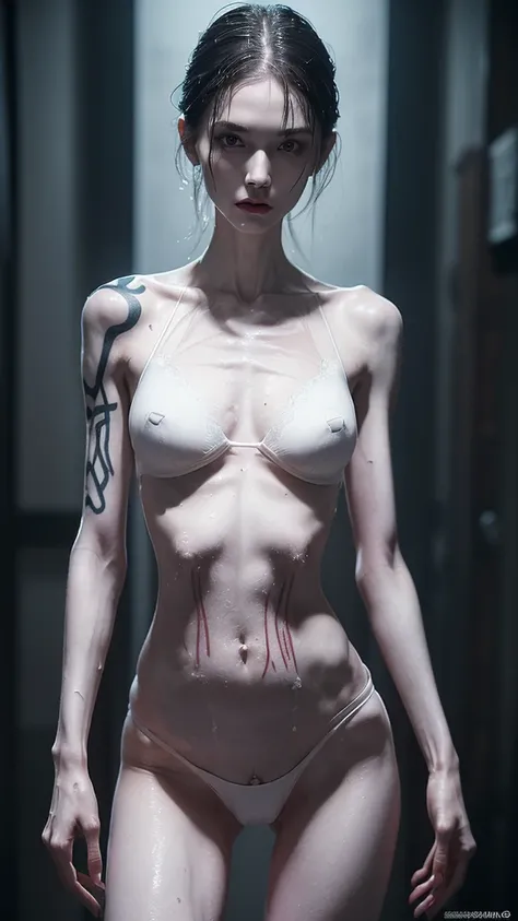 (A very thin and slender woman with visible bones, pale white skin, wet body, wearing only panties and bra, full body view, tattoo ,masterpiece:1.2),(photorealistic:1.37),(full portrait,body horror,gloomy,moody,cinematic lighting),(detailed eyes,detailed l...