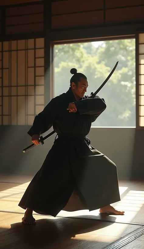 A scene showing an aged samurai practicing his sword technique alone in a dojo, a determined look on his face, UHD, cinematic, with soft, focused lighting.