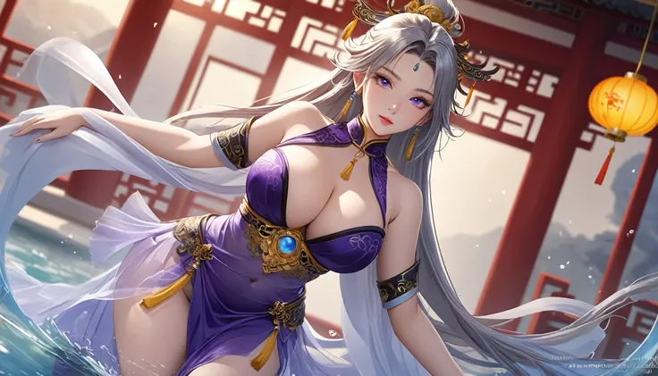 high quality,HD,16K,Sharp Line,1 Girl,fantasy, （Fire Spirits）,Pretty Face, Large Breasts, Beautiful legs,In the water,Focus Girl,detailed Pretty Face,Detailed clothes,beautiful eyes,Cool,Sexy,Dynamic Angle,穿着华服的神明Strike a pose拍照, Ancient mysterious sexy go...