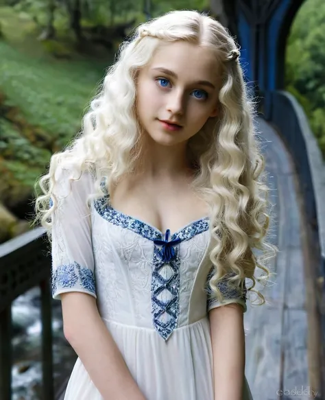 Half-body, very slim very young girl on the bridge of Rivendell, slender, with long, curly wavy white blonde hair, with the face of famous model Lena Simonne, with indigo eyes, transparent short white dress