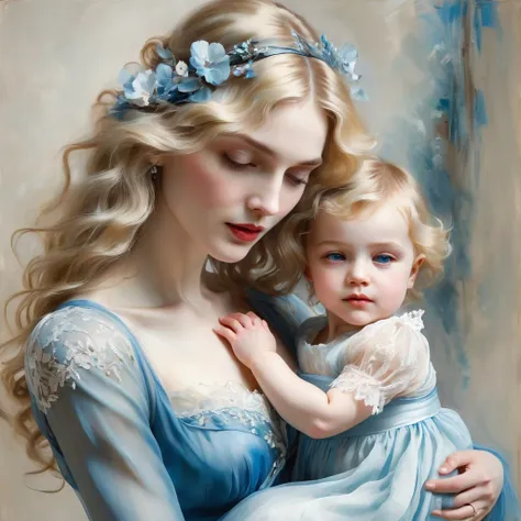 girl with long wavy blonde hair, holds a small child in his arms ,like madonna , she is wearing an azure transparent chiffon dre...