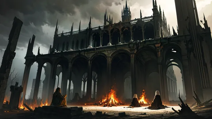 Dark art, dark fantasy art, deep lighting, dark lighting, (((night))), dark sky, highly detailed shadows, small group of travellers sits behind bonfire, massive ruins, abandoned ruins, highly detailed art, highly detailed