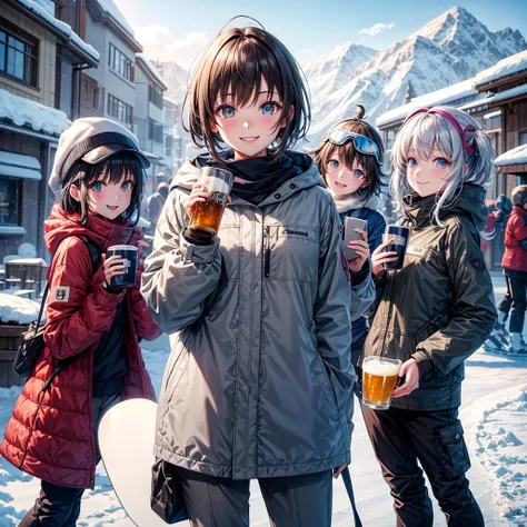 anime, Tabletop, Highest quality, 8k_wallpaper, Beautiful Eyes、Cute girl、Grey outerwear、Grey trousers、smile、Brown short hair、Ski resort on a sunny day、Doing snowboarding、Holding a beer in hand