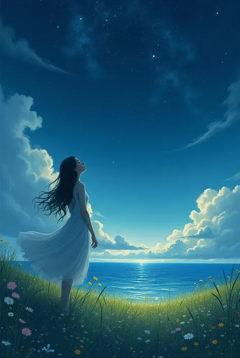 Starry Sky,cloud,One woman,Looking up, high quality,Fantasy,Grass,night,Ocean,horizontal line flower,Grass花