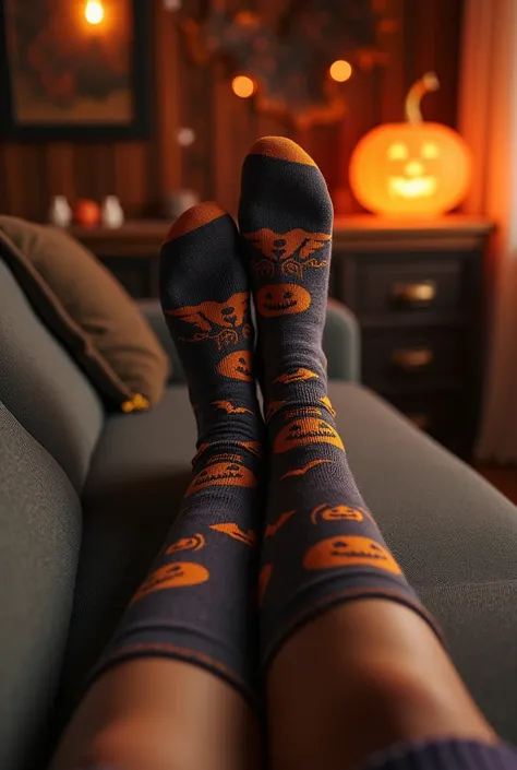 (photorealism:1.2), woman feet in a couch with longs socks halloween theme