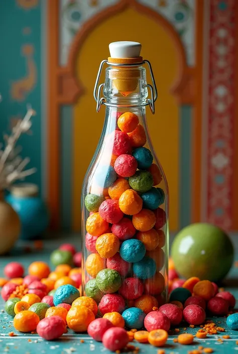 Mixed colourfully red, green, orange, blue Honey Nuts in bottle photo with Islamic background  The mixed honey nuts is drinking attractively from the bottle