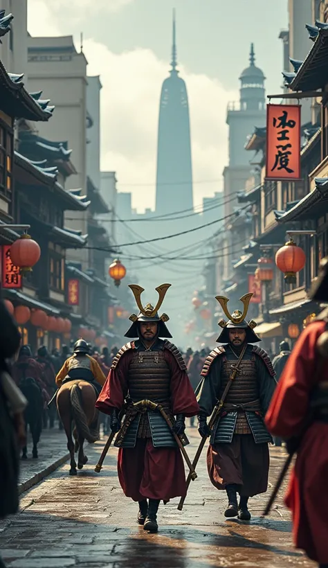 A historical scene of samurai in traditional garb walking through a changing cityscape with Western influences beginning to appear, UHD, detailed, a blend of old and new.