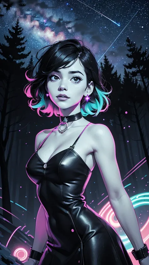 one girl, solo, slender body, fit body, (bust:1.3), (black eyes:1.3), black hair, (short hair:1.2), masterpiece, highly detailed, look at viewer, below view, (leather dress, choker:1.4), (long exposure starry sky with many circular orbits, many stars twink...