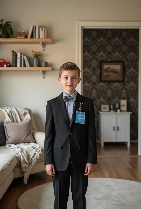 A young russian boy  is standing in the center of a living room, facing the camera with a neutral expression and a slight smile. He is dressed in an elegant black suit jacket with a single button and notched lapels, a buttoned blue and white checkered shir...