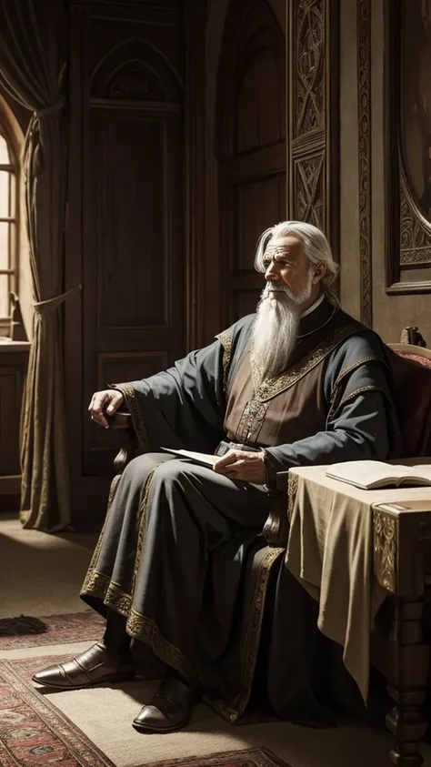 Medieval fantasy old noble man with strict air in a rich room