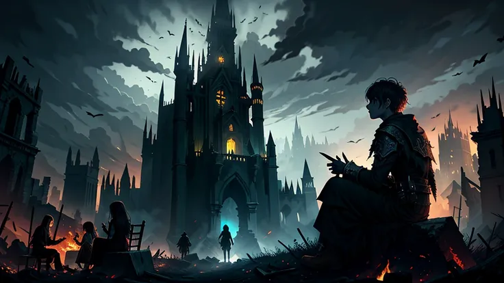 Dark art, dark fantasy art, deep lighting, dark lighting, (((night))), dark sky, highly detailed shadows, small group of travellers sits behind bonfire, massive ruins, abandoned ruins, highly detailed art, highly detailed