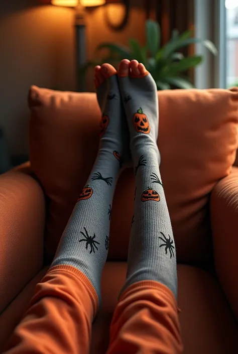 (photorealism:1.2), woman feet in a couch with longs socks halloween theme