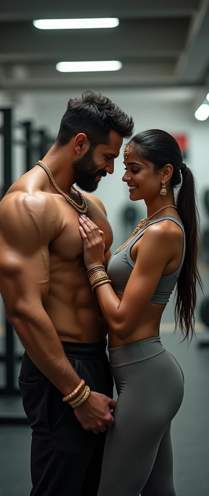 A Masculer body man,hairy chest,wearing Gym uniform,training young slim woman, wearing athletic wear,sindoor mangalsotra,lifting chest weight,smilling