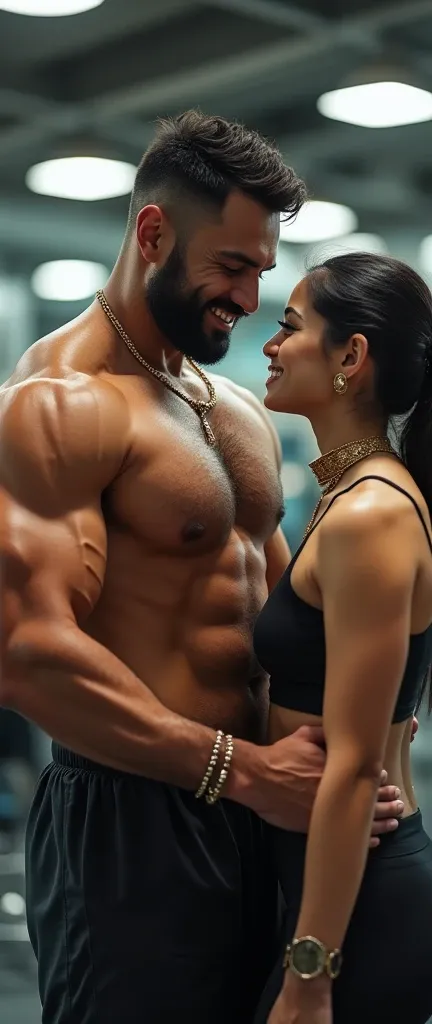 A Masculer body man,hairy chest,wearing Gym uniform,training young slim woman, wearing athletic wear,sindoor mangalsotra,lifting chest weight,smilling