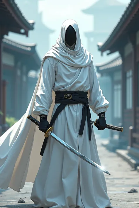 Anime style Warrior good physical shape without eyes with white Japanese ninja combat suit with white full mask with completely black eyes AND katana AND a shadow clone with eyes and long smile