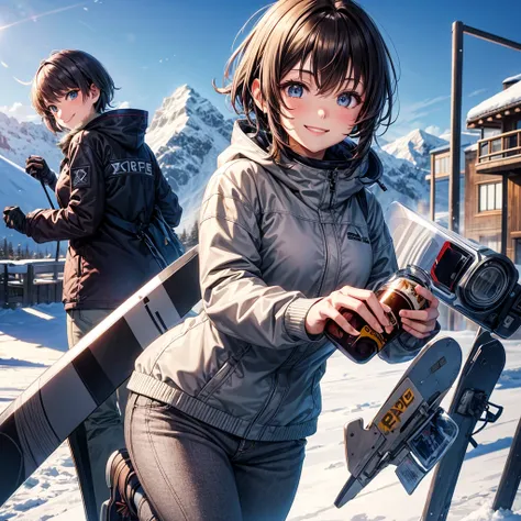 anime, Tabletop, Highest quality, 8k_wallpaper, Beautiful Eyes, Cute girl, Grey outerwear, Grey trousers, smile, Brown short hair, Ski resort on a sunny day, Doing snowboarding, Holding a beer in hand