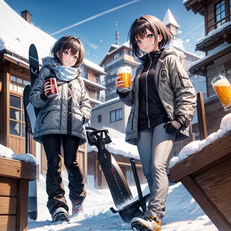 anime, Tabletop, Highest quality, 8k_wallpaper, Beautiful Eyes, Cute girl, Grey outerwear, Grey trousers, smile, Brown short hair, Ski resort on a sunny day, Doing snowboarding, Holding a beer in hand