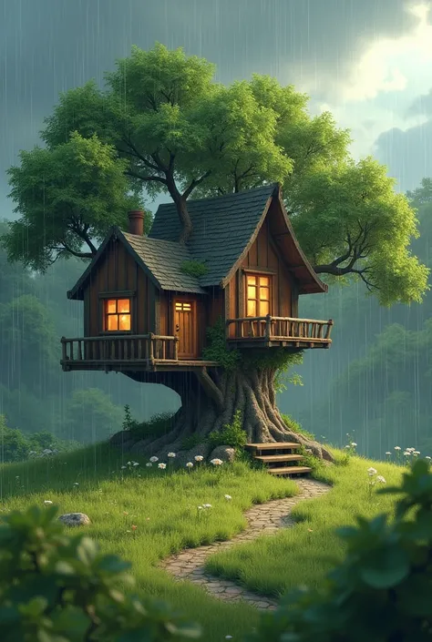 Nature,tree house,Rainy cloud,around grass,