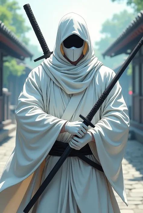 Anime style Warrior good physical shape without eyes with white Japanese ninja combat suit with white full mask with completely black eyes AND katana AND a shadow clone with eyes and long smile