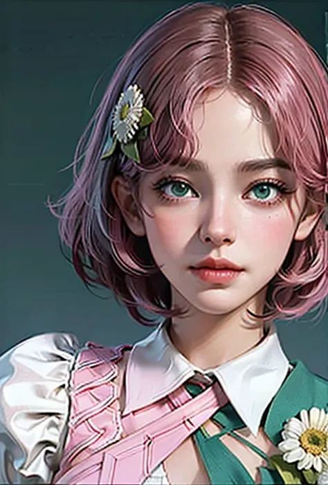 (master part, better quality) Alyssa pretty face, detailed green eyes , Elegant and detailed costumes , swollen lips ,short pink hair flower accessory, (best details) ( better quality) amazing, Dramatic scenery, Tekken