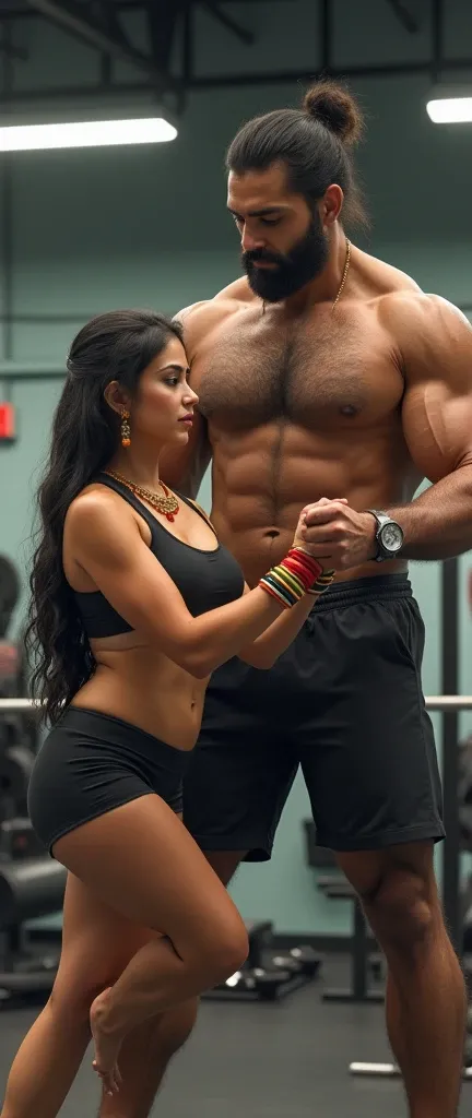 A Masculer body man,hairy chest,wearing Gym uniform,training young slim woman, wearing athletic wear,sindoor mangalsotra,doing squat,smilling