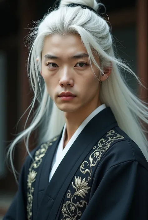 a young man, slim body, long white hair, wearing black and gray Chinese traditional clothes, close up