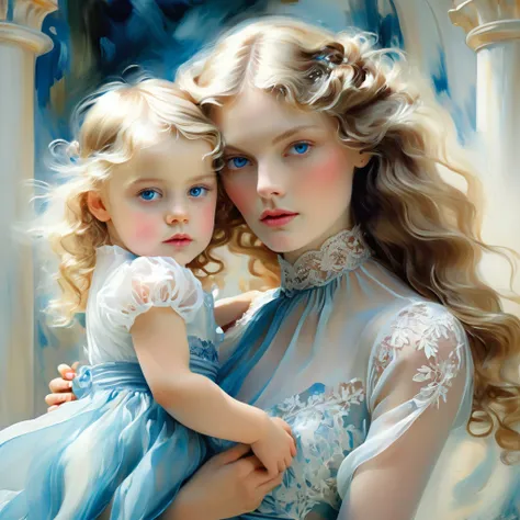 girl with long wavy blonde hair, holds one small child in his arms, with blue eyes, beautiful, how fashionable , she is wearing ...