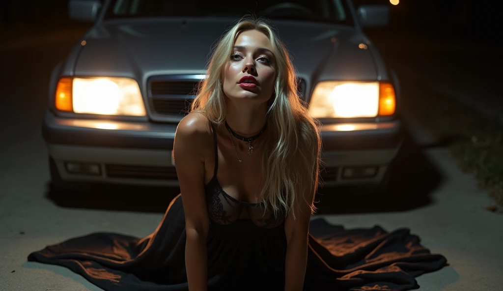 (photorealism:1.2), beautiful blond-haired girl with Nordic features, upturned nose, blue eyes, full lips, makeup, red lipstick, big huge breasts, long transparent black evening dress that reveals her bottom in a pink leopard-print thong with deep neckline...