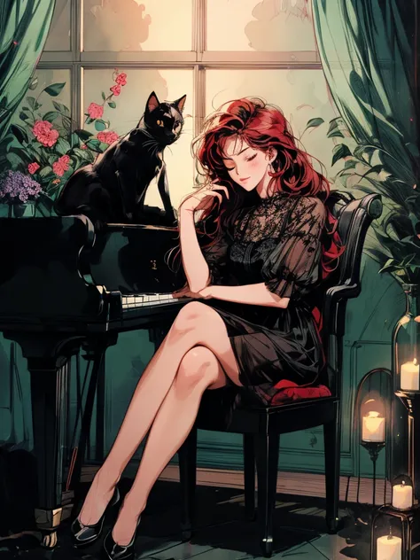 beautiful woman(((full body))), ((background house)), (best quality), 1girl, solo A room with glass windows, curtains, a young woman with long black hair, red hair , eyes closed, sitting on a chair playing the piano at night. There are flowers, flower pots...