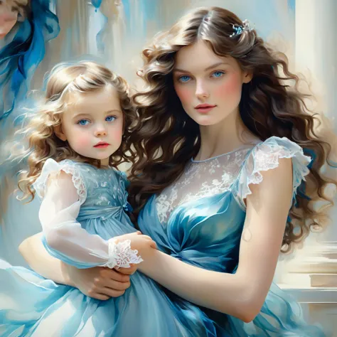 girl with long wavy brunette hair, holds one small child in his arms, with blue eyes, beautiful, how fashionable , she is wearin...