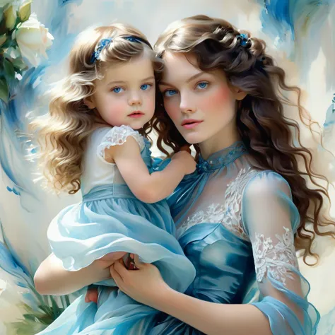 girl with long wavy brunette hair, holds one small child in his arms, with blue eyes, beautiful, how fashionable , she is wearin...