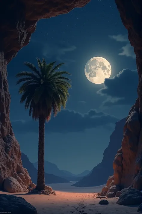 There is a cave. Right in front of the cave there is a date palm tree, big leafs,  night time , big white moon coming through grey cloud. Small stars all over the sky , the atmosphere is placing 