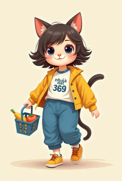 Make my facebook profile picture a girl, she wears youthful clothes, personality blue white and yellow, on the clothes there is Vietnamese writing " Nha Dat 369 " , her face is the face of a cute cat, she has a shopping basket