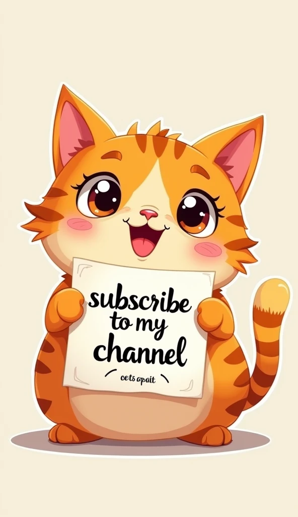 A cute cat is smiling while holding a piece of paper that says subscribe to my channel Cat AI