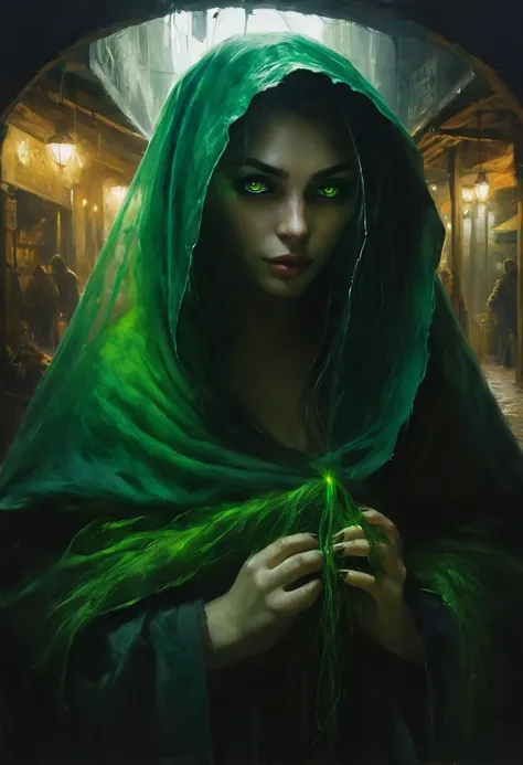 painting of a werewolf-girl in the market of the eastern city at noon, hides her face behind a veil, cunning cat eyes glowing green, dark atmosphere, cinematic scene, volumetric lights, ultra realistic, in the style of nicola samori