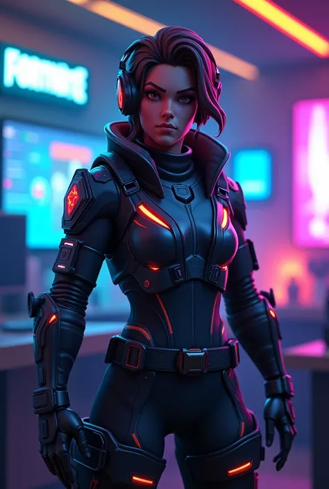 A dynamic Fortnite skin with a gamer background