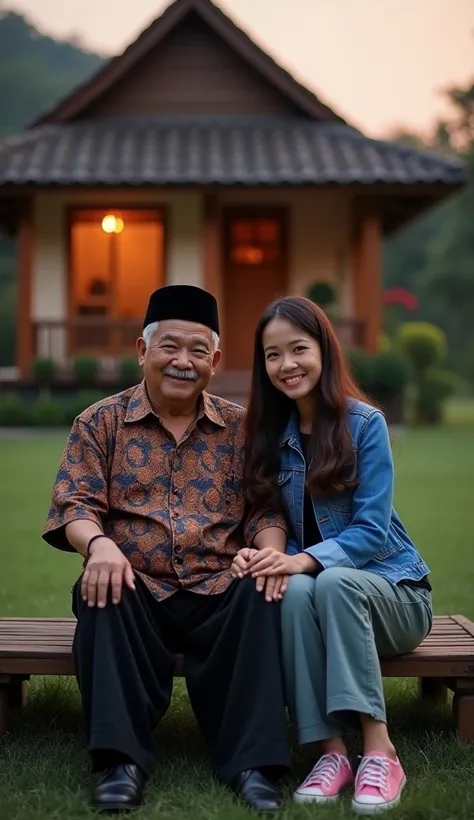 A 60 year old Indonesian man, wear a black Muslim cap, thin mustache face without beard, pakai baju batik dan long pants, wearing leather shoes, sit down, smile facing the camera, Beside him there is a beautiful Indonesian woman, his body is quite fat, fai...