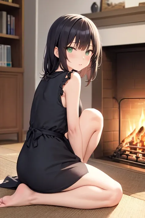 anime girl sitting on the floor in front of a fireplace, an anime drawing inspired by Rei Kamoi, pixiv contest winner, shin hanga, , in front of a fireplace, the anime girl is crouching, anime moe artstyle, in dress, fubuki, fire!! full body, seductive ani...