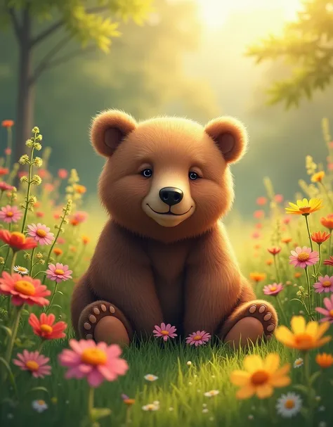 A bear thats peacefully sitting in a lush meadow, surrounded by a variety of vibrant, beautifully blooming flowers. The flowers are an array of different types and colors, juxtaposed with the bears coarse fur. Sunlight filters down, casting a warm glow acr...