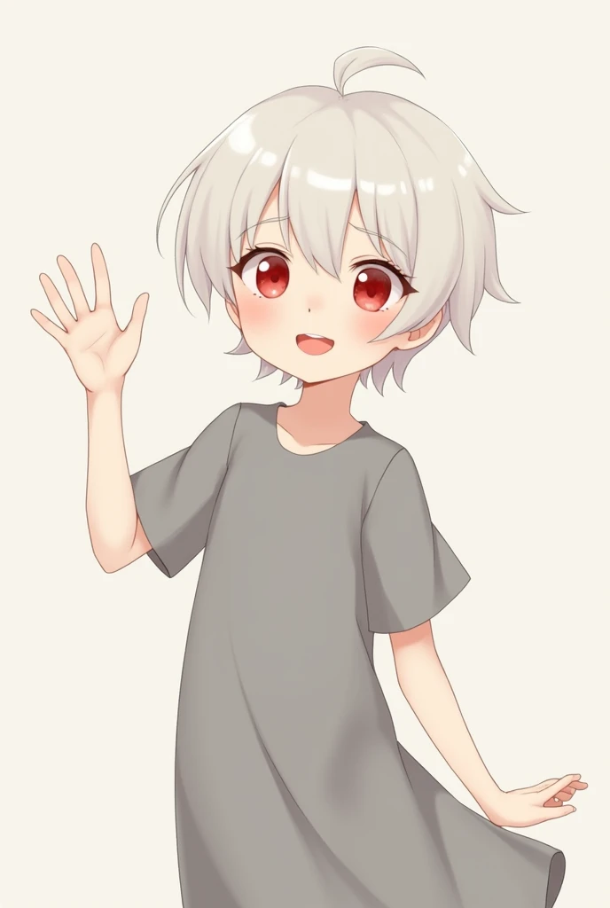 
cute, warm, slim, short white hair, red eyes, gray minimalist dress boy, smiling and waving.