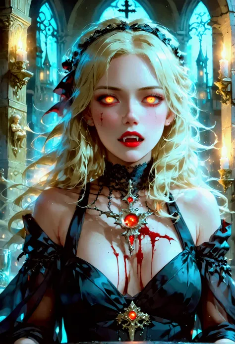 Arafed, dark fantasy art, glamour shot, award winning shot, photorealistic, a portrait of a female vampire drinking a ((glass of blood)), blond hair, dynamic hair style , long hair, red lips, (glowing eyes: 1.5), dynamic eye color, dynamic color, she wears...