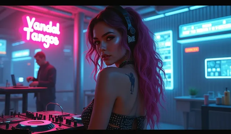 Futuristic DJ WOMAN wavy hair. He has a small Egyptian tattoo "Eye of Horus" in the back. Add a neon sign "Vandal Tangos" In the scene.