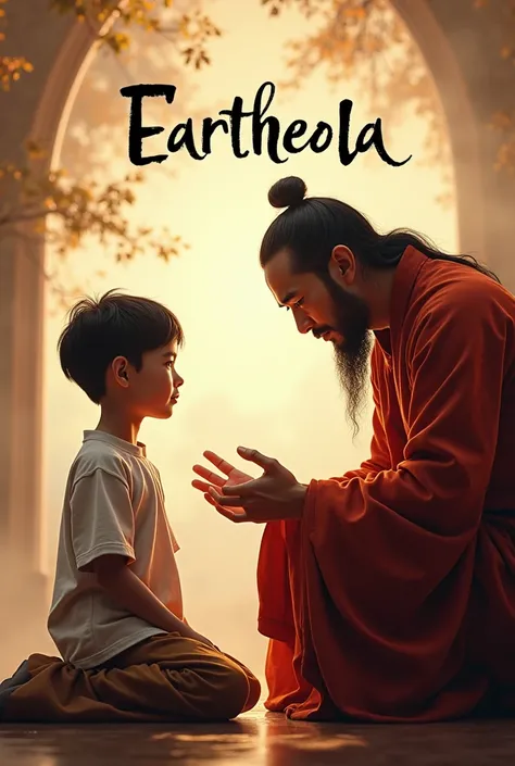 A design for a T-shirt featuring a close-up scene where the young boy is kneeling, respectfully listening to the kung fu master’s teachings. The master’s hand is gently placed on the boys shoulder, with a soft light highlighting their connection. The name ...