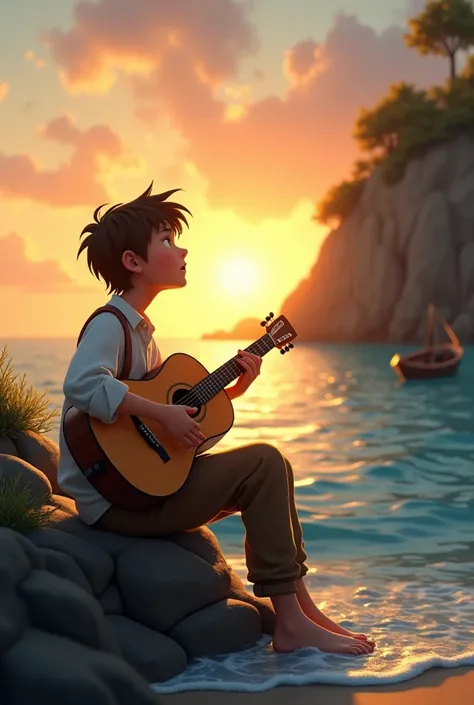 Scene 1: Leo Singing by the SeaPrompt: A serene coastal scene at sunset with a young fisherman, Leo, sitting on a rocky outcrop by the beach. He has short, tousled brown hair and is wearing a simple, loose white shirt and brown trousers. He is playing a gu...